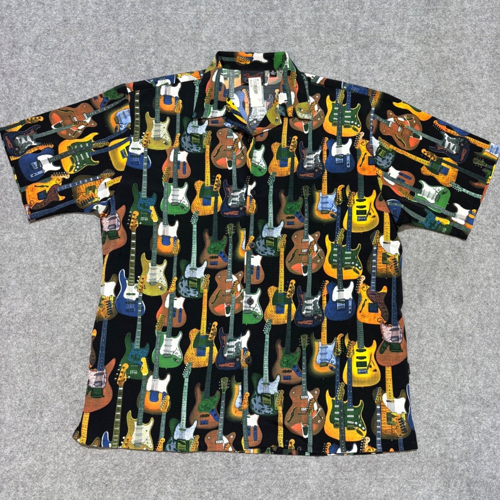 Fender Mens Guitar Print Short Sleeve Button Down Shirt Black Size M